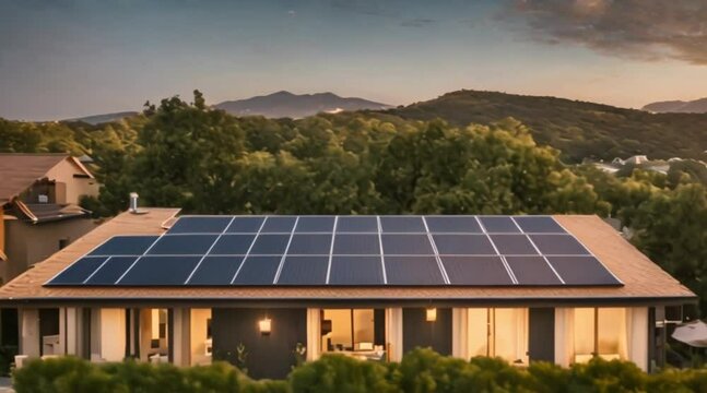 Animation, flyover with a drone over a mediterranean house with solar panels on the roof to use free solar energy