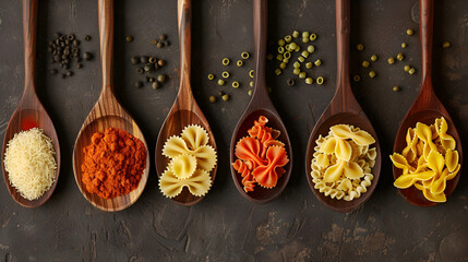 Different pasta types in wooden spoons on the table