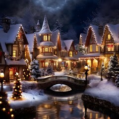 Christmas village in the snow at night. 3d render illustration.