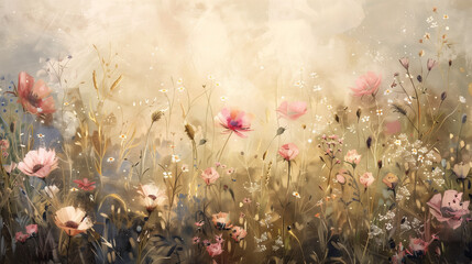 Painted landscape of wild flowers on sunny day light bokeh background