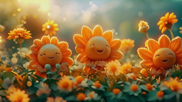 3d Animation cartoon happy spring flowers smiling. Animated background colorful spring flowers. Colorful summer garden with sunlight shining. 4k video