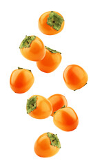Falling persimmon isolated on white background, full depth of field