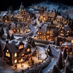 Miniature Christmas village in the snow. Small village with houses.