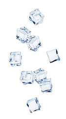 Falling ice cube, isolated on white background, full depth of field