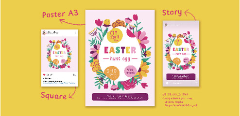 Fototapeta na wymiar Easter Egg Hunt Poster - Spring Flowers Promote your easter events, with this beautiful and colorful poster, flyer, card template. Let's spring flowers catch the eye of your prospect!