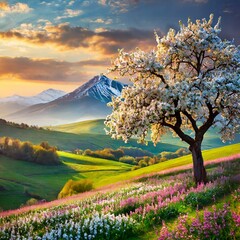 landscape with cherry blossom and flowers in field
