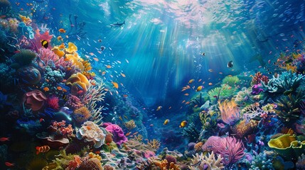 Underwater view of a vibrant coral reef, alive with color and bustling with marine life, a hidden world beneath the waves, every detail captured with stunning clarity - obrazy, fototapety, plakaty