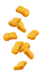 Falling Nuggets isolated on white background, full depth of field