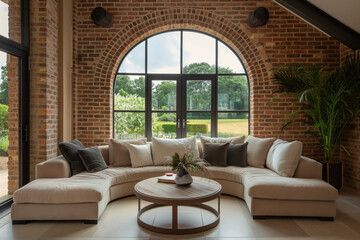 Industrial Chic Living Room with Arched Windows and Brick Walls. Modern Loft Style Lounge with Sectional Sofa and Exposed Brick