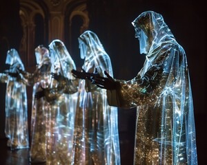 A mesmerizing performance where templars communicate through a symphony of holographic projections, their voices echoing in the digital ether, soft shadowns