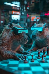 Capybaras engaging in a game of virtual reality chess, their opponents being sentient AI programs with uncanny strategic prowess, no contrast - obrazy, fototapety, plakaty