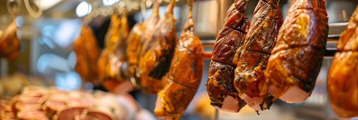 Smoked and Cured Pork Hams Hanging in a Quaint Butcher's Shop - obrazy, fototapety, plakaty