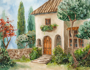 Painting Of a village house with Trees And Bushes. Small Village in Boho Style