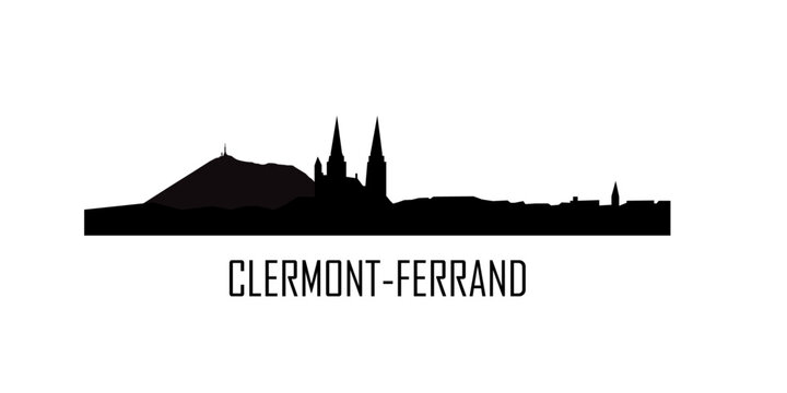 Silhouette de la ville de Clermont-Ferrand avec la cath&eacute;drale et le Puy de D&ocirc;me. Noir & blanc. Texte Clermont-Ferrand