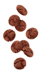 Falling Chocolate chip cookie, isolated on white background, full depth of field