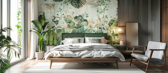 green cozy modern bedroom interior design with vintage tile concept