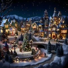 Christmas scene with small village in the snow. 3d rendering.