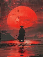 Samurai silhouettes blend seamlessly with surreal landscapes, creating a mesmerizing fusion of ancient honor and avantgarde art, 3DCG