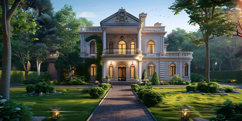 Modern multistory mansion with design elements exterior of a classic house with garden on the front and a pathway on the middle. - obrazy, fototapety, plakaty