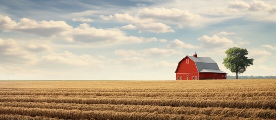 The red barn stands out in the middle of a golden wheat field, surrounded by lush green grass and under a clear blue sky with fluffy white clouds - Powered by Adobe