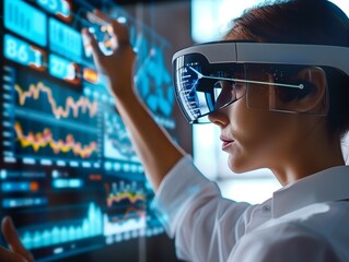 A woman wearing a pair of virtual reality goggles is interacting with a computer monitor displaying various graphs and charts. Concept of technological advancement - obrazy, fototapety, plakaty