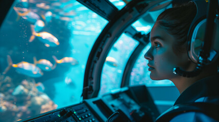 A female pilot studies the life of the ocean's underwater ecosystem from an underwater vehicle - obrazy, fototapety, plakaty