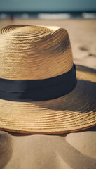 Fototapeta na wymiar Straw hat with black ribbon on sandy beach under sunlight, summer vacation concept.