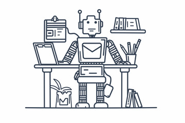 Robot Assistant Working at Desk with Computer Line Art