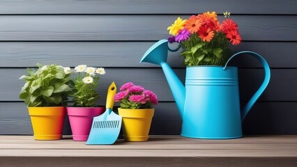 Colorful flower pots with flowers, watering can and gloves. Summer.