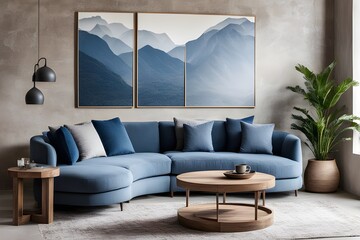 curved sofa with blue cushions and round rustic wood coffee table against stucco wall with poster. interior design of modern living room