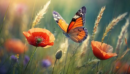 beautiful red poppy flowers and orange butterfly in nature