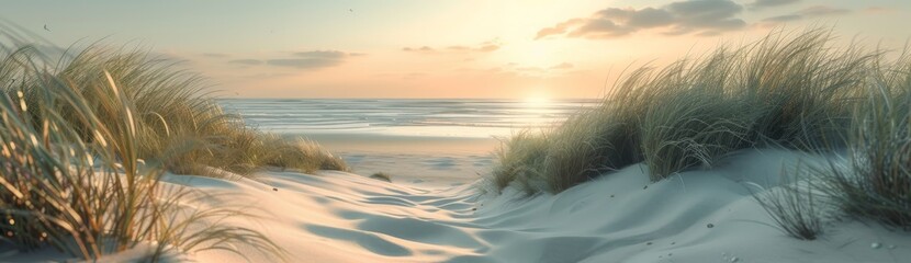 Sunset at Dutch Coast Dunes - obrazy, fototapety, plakaty