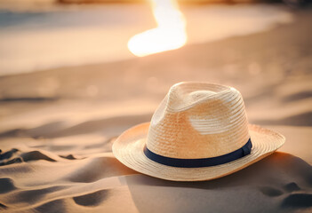 Fototapeta na wymiar Straw hat on sandy beach during sunset with warm golden light and soft shadows.