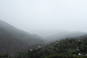 Istan, Spain, Andalusia - A winding road disappears into the fog-covered mountains, evoking a sense of mystery and travel in a remote landscape