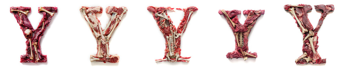 Letter Y Horror alphabet and number concept. Halloween isolated text. Creepy meat with bones, flesh and skin. Anatomy alphabet and numbers set. Isolated white background. Bloody rotten meat - obrazy, fototapety, plakaty