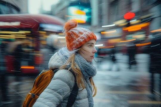 Mujer joven con mirada fija viste gorro y chamarra de invierno, camina en las calles de la ciudad. Todo a su alrededor se mueve r&aacute;pidamente. Vida ajetreada y estres