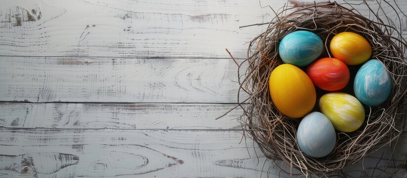 Easter-themed backdrop featuring vibrant eggs in a nest on a white wooden surface. Overhead perspective with room for text.