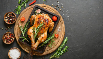 Grilled chicken with rosemary and spices on a wooden board on black stone background