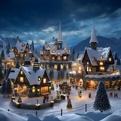 3d render of a Christmas village in the mountains at night.