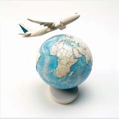Fototapeta premium Model airplane on globe. Plastic toy airplane on globe. Air travel concept. Air travel. Airplane takeoff and landing.