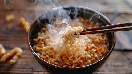 Hand Uses Chopsticks to Pick up Tasty Noodles with Steam - obrazy, fototapety, plakaty