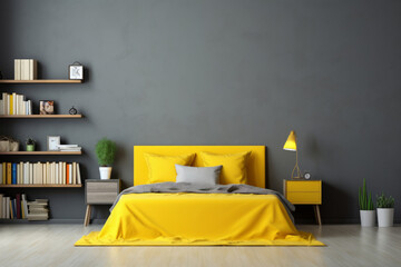 Contemporary Stylish Bedroom Interior with Bold Yellow Bedding and Minimalist Decor