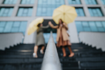 Friends with yellow umbrellas greeting on city stairs on a cloudy day.