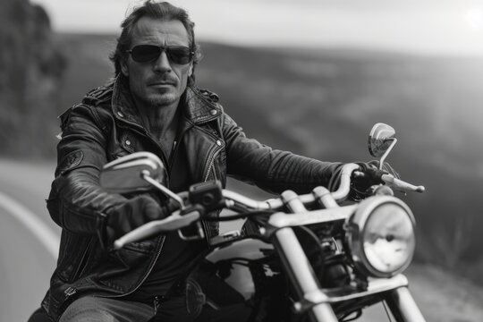 Portrait of a male biker, strength freedom, and individuality on the open road, adventurous spirit and the rebellious allure of the motorcycle, masculinity in motion.