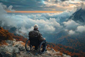 Elderly man in a wheelchair overlooking a breathtaking mountain range above the clouds during sunset - obrazy, fototapety, plakaty