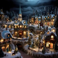 Christmas village in the snow at night. Christmas and New Year concept