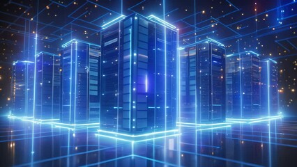 3d rendering server room with blue neon lights over dark blue background, Big data center technology warehouse with servers for information digitalization starts, AI Generated - Powered by Adobe