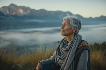Fototapeta premium Senior gray haired woman doing breathing exercise in nature on early morning with fog and mountains in background.