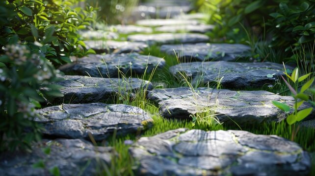 a garden stone path, where blades of grass emerge between the stones, highlighting the botanical richness of the surrounding garden
