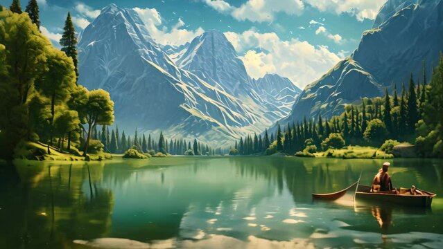 Painting of a Person Canoeing on a Serene Lake Under a Blue Sky, Beautiful woman kayaking on a stunning mountain lake surrounded by green trees, AI Generated